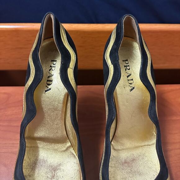 Prada Black Suede Colorblock Pumps Leather Designer Size 37 Gold Design Heels - Picture 3 of 16